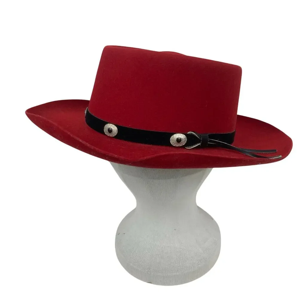 Sheplers Wool Felt Western Hat Unisex M Red Black Band Concho Gambler Style